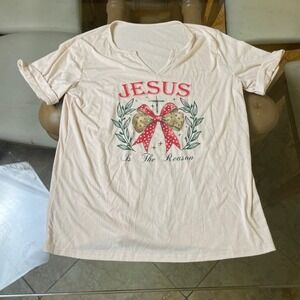 Jesus Is The‎ Reason Christmas Graphic T Shirt Holiday Religious Beige Top